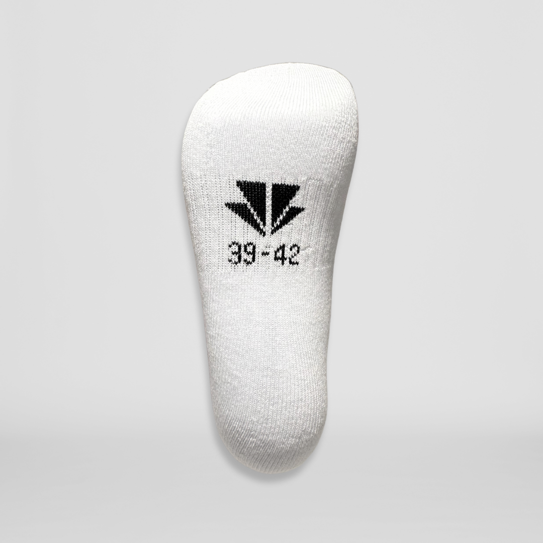 Fusssohle der weissen VENI VICTORY Crewsocks / Tennissocken / Socken.