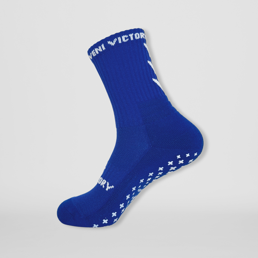 Gripsocks / Fussballsocken / Footballsocks in blau mit weissen rutschfesten Gummipads / Gumminoppen für besseren Halt, verstärktem Spann und Ferse beim Training.